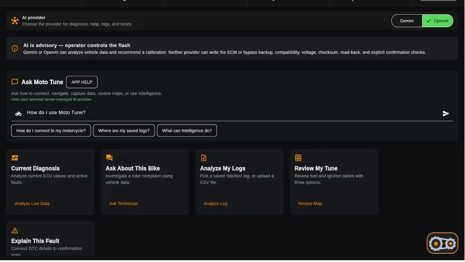 MotoTunePro USA Intelligence screen captured directly from the MotoTunePro USA app