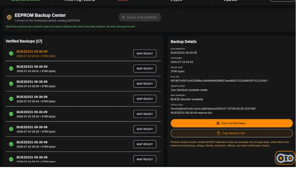 EEPROM backup and map safety controls captured directly from the MotoTunePro USA app
