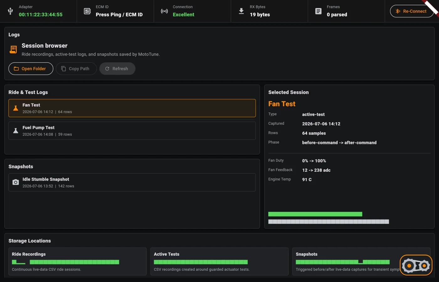 Ride and test logs screen captured directly from the MotoTunePro USA app