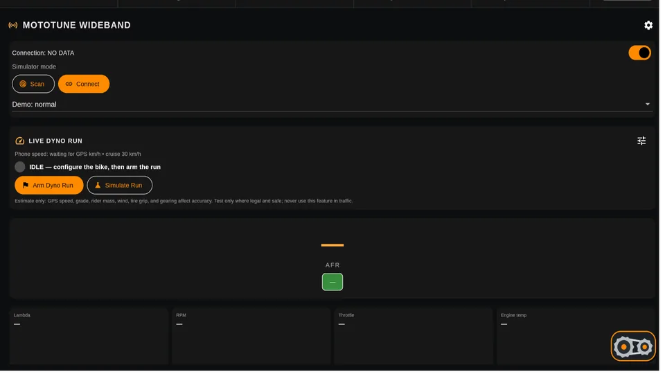 Live Dyno Run controls captured directly from the MotoTunePro USA app