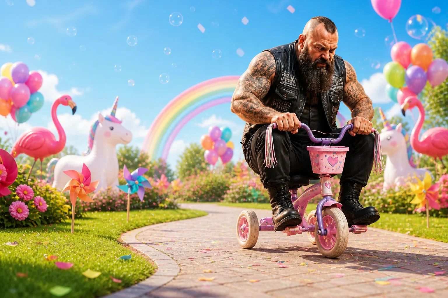 Tattooed biker pedaling a tiny tricycle through a colorful garden parade